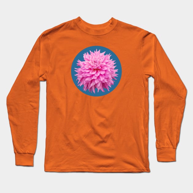 Hot Pink Ball Dahlia Blue Circle Flower Long Sleeve T-Shirt by ellenhenryart